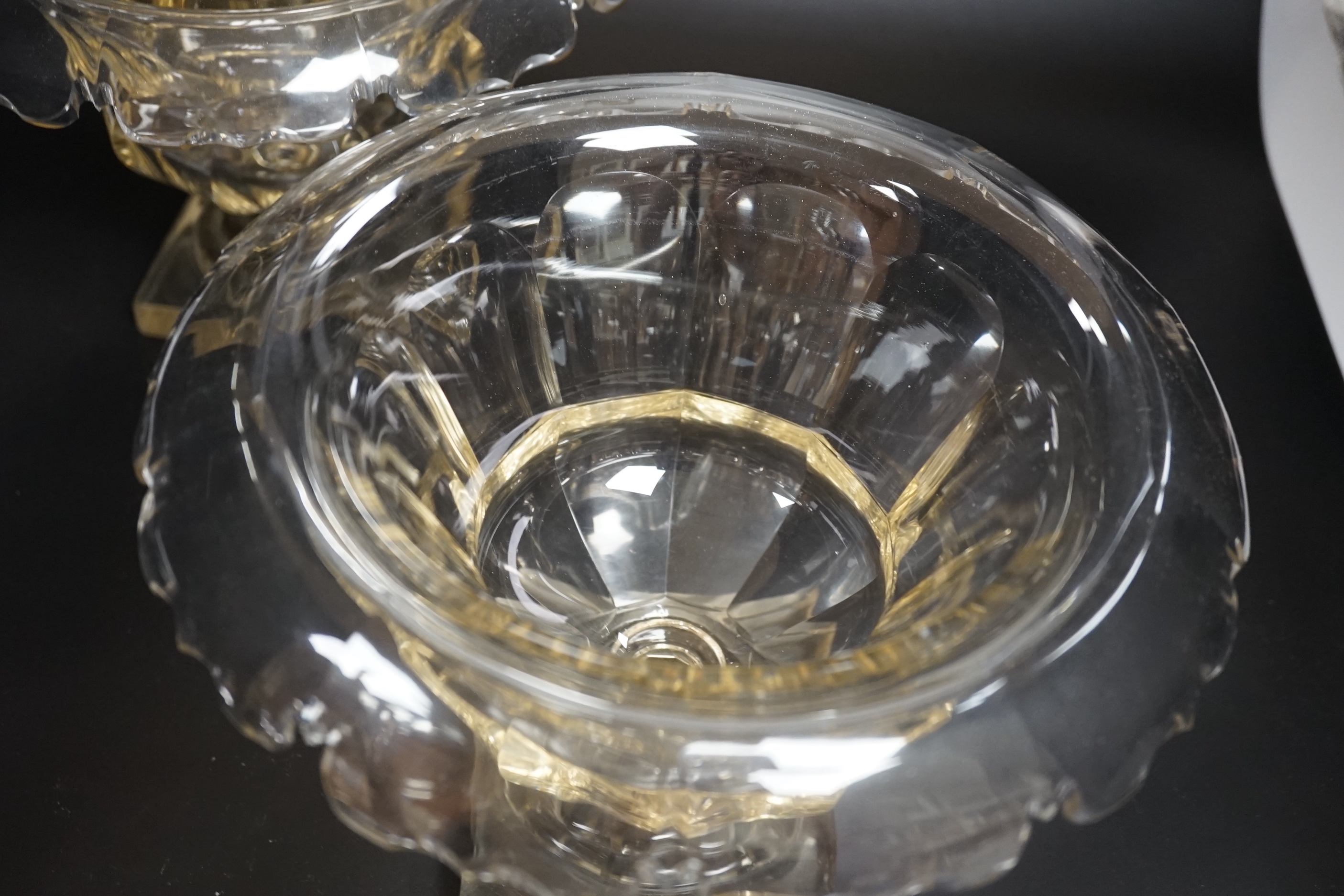 A pair of 19th century square base cut glass sweetmeat vases and covers, 29cm high